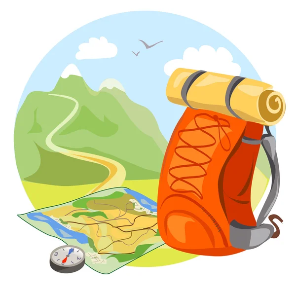 Backpack, map, compass on mountain landscape — Stock Vector