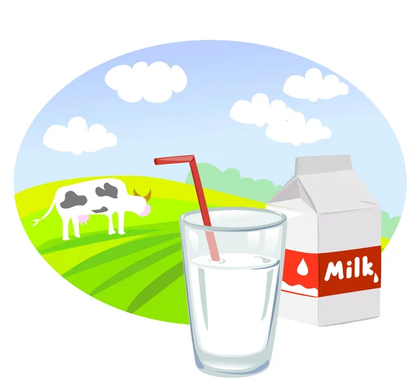 Caja y vaso con leche y paisaje rural — Vector de stock