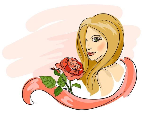 Hermosa chica de moda con una rosa y cinta — Vector de stock