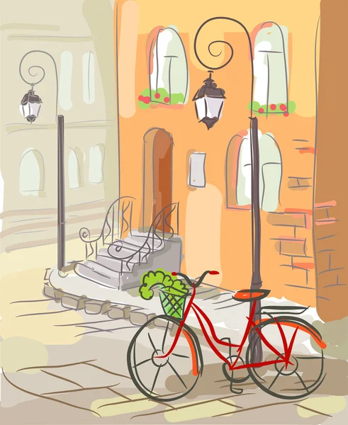 Ευρωπαϊκή Οδός με ένα ποδήλατο και φανάρια — Διανυσματικό Αρχείο
