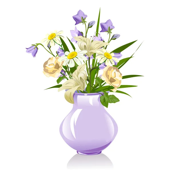 Bouquet de lírios, sinos azuis, margaridas e rosas — Vetor de Stock