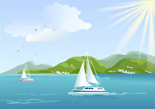 Jacht, a tenger és a hegyek Stock Illusztrációk