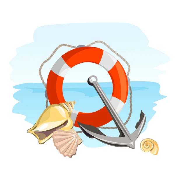 Sea, anchor, lifebuoy and seashells — Stock Vector