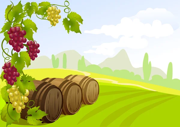 Raisins, barriques et paysage rural — Image vectorielle