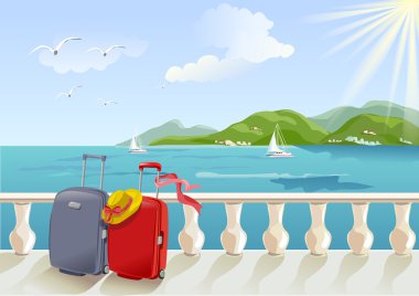 seaside promenade and suitcases