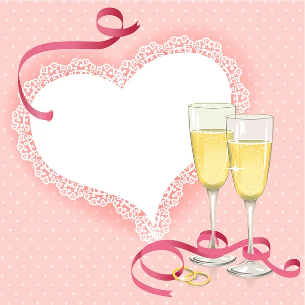 Bruiloft kaart met ringen en glazen — Stockvector