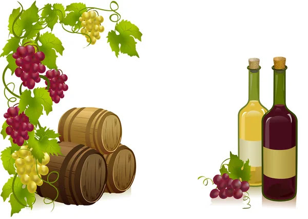 Uvas, barriles y botellas vinos — Vector de stock