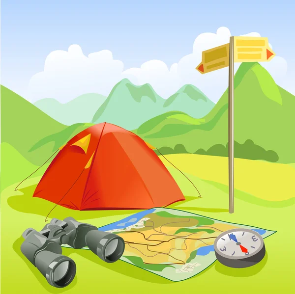 Travel set, tent, mountain landscape — Stock Vector