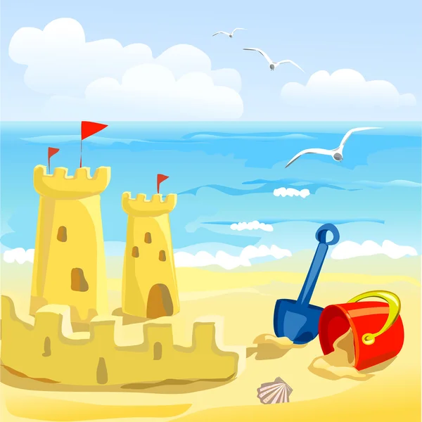 Praia com brinquedos infantis e castelos de areia —  Vetores de Stock