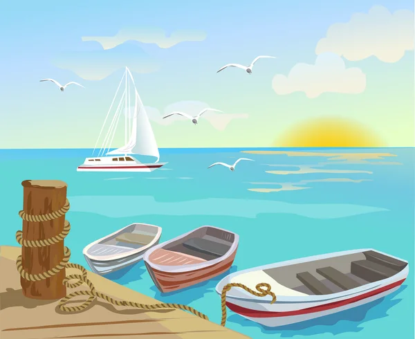 Barcos en el muelle — Vector de stock