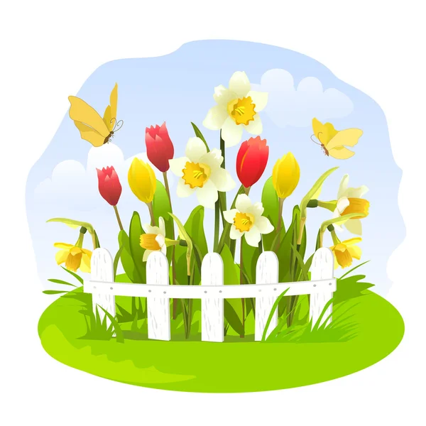 在一个小的花园里的春天的花朵 免版税图库矢量图片
