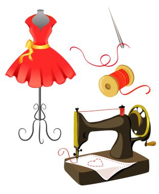mannequin, dress, sewing machine isolated