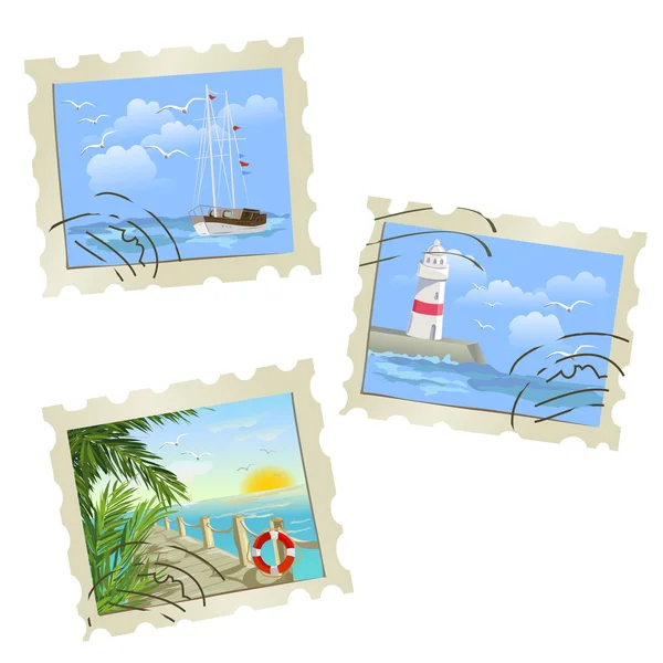设置以海洋为主题的邮票 — 图库矢量图片