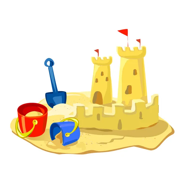 Castillo de arena, juguetes de playa aislados — Vector de stock