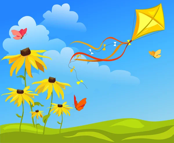 Kite, bloemen op lichte achtergrond — Stockvector