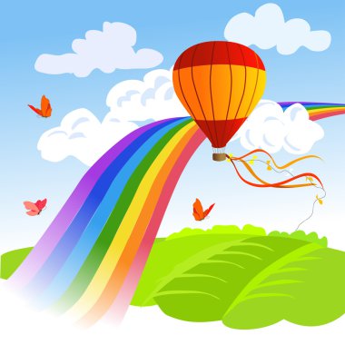 Rainbow, peyzaj ve sıcak hava balonu