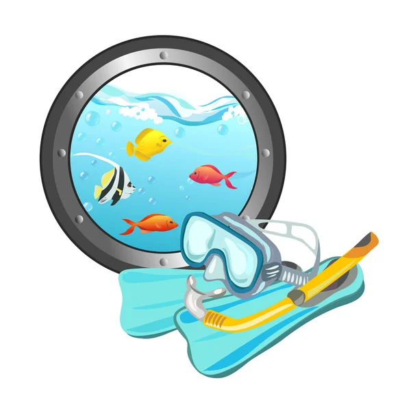 Snorkeling and porthole with the underwater world — Stock Vector