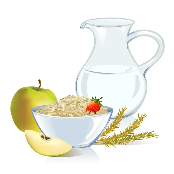 Alimentos saludables, cereales, leche, manzana — Vector de stock