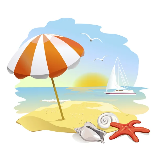 Icono de la playa, sombrilla y conchas — Vector de stock