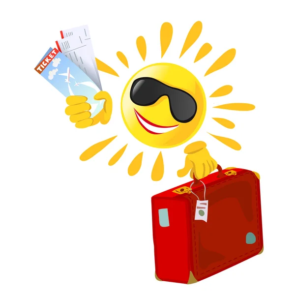 Sun with a suitcase and a ticket — Stock Vector
