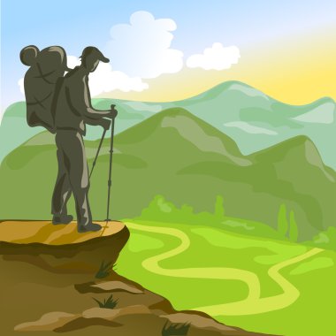 bir sırt çantası dağlarda trekking adam