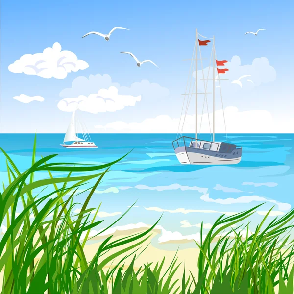 Sea, beach and yacht — Stock Vector