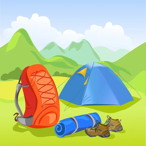 Палатка, рюкзак, горный пейзаж — стоковый вектор