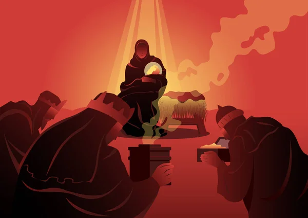 Bebek İsa 'ya hazine veren üç bilge adamın bir çizimi. Noel teması. İncil serisi.