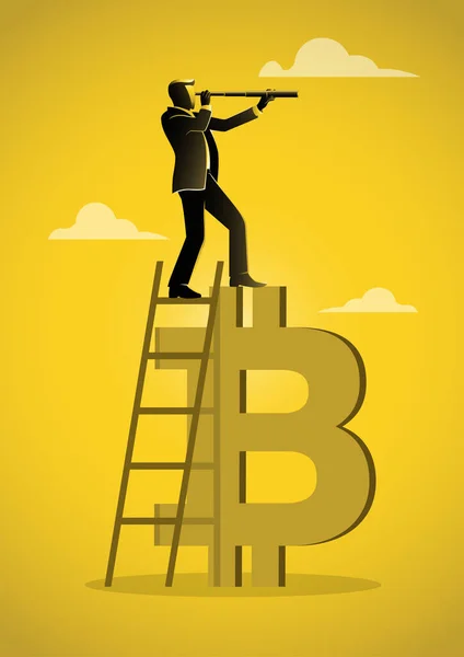 Бизнесмен Инвестор Поднимается Лестнице Bitcoin — стоковый вектор