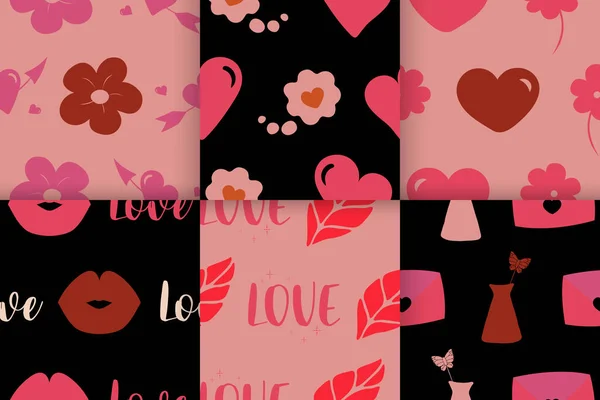 Set naadloze patronen voor Valentijnsdag met leuke handgetekende elementen — Stockvector