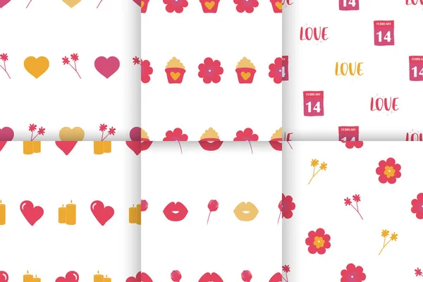 Conjunto de padrões sem costura para Dia dos Namorados com elementos desenhados à mão bonitos — Vetor de Stock
