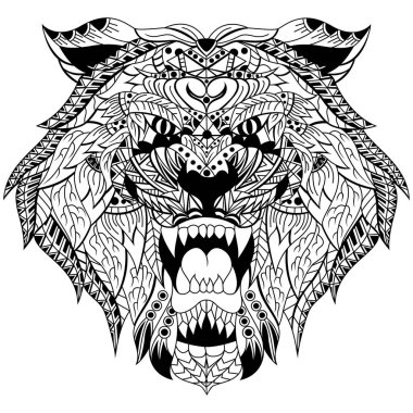 Zentangle tarzında kaplan kafası çizilmiş.