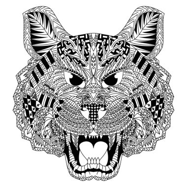 Zentangle tarzında kaplan kafası çizilmiş.