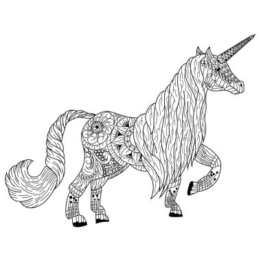 Zentangle stilinde tek boynuzlu atın el çizimi