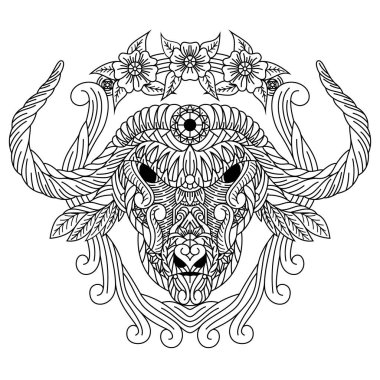 Zentangle stili bufalo kafası çizilmiş.