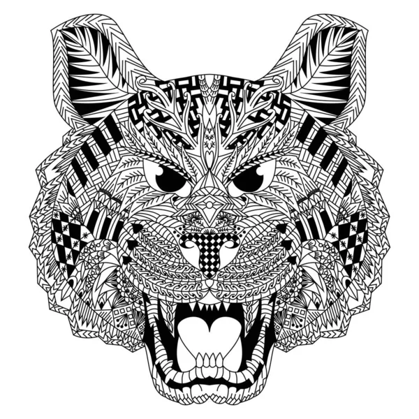 Hand Drawn Tiger Head Zentangle Style — Stock Vector