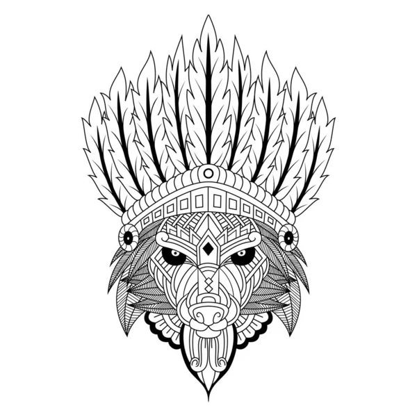 Dessiné Main Loup Chef Tribal Dans Style Zentangle — Image vectorielle