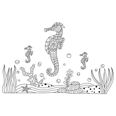 Zentangle stilinde deniz atının el çizimi