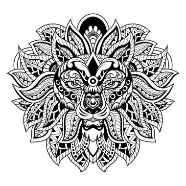 Aslan başlı zentangle tarzı beyaz ve siyah