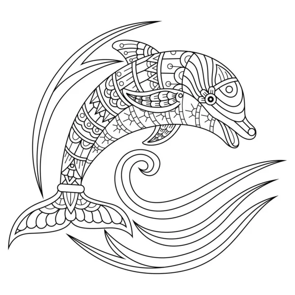 Mão Desenhada Golfinho Estilo Zentangle — Vetor de Stock