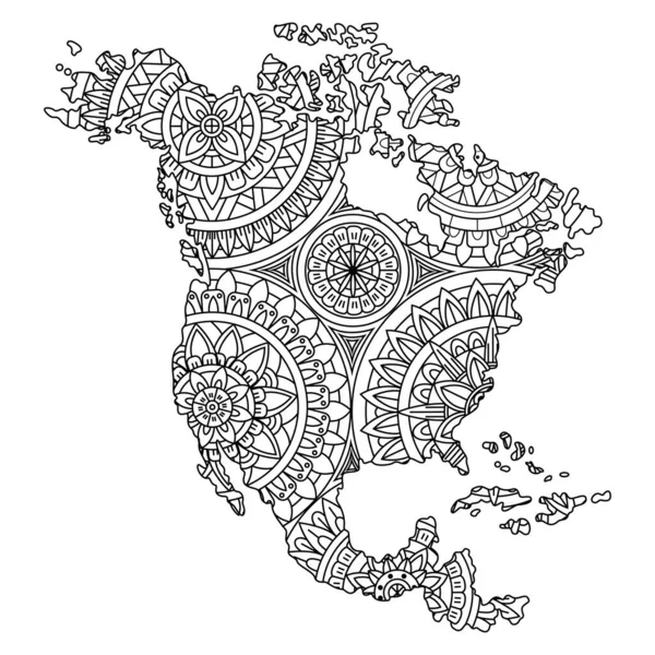 Disegnato Mano Della Mappa Del Nord America Stile Mandala — Vettoriale Stock