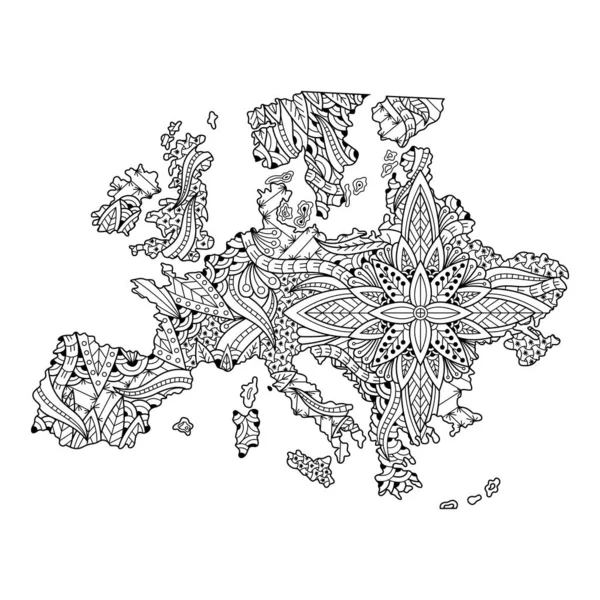 Hand Getekend Van Europa Kaart Mandala Stijl — Stockvector