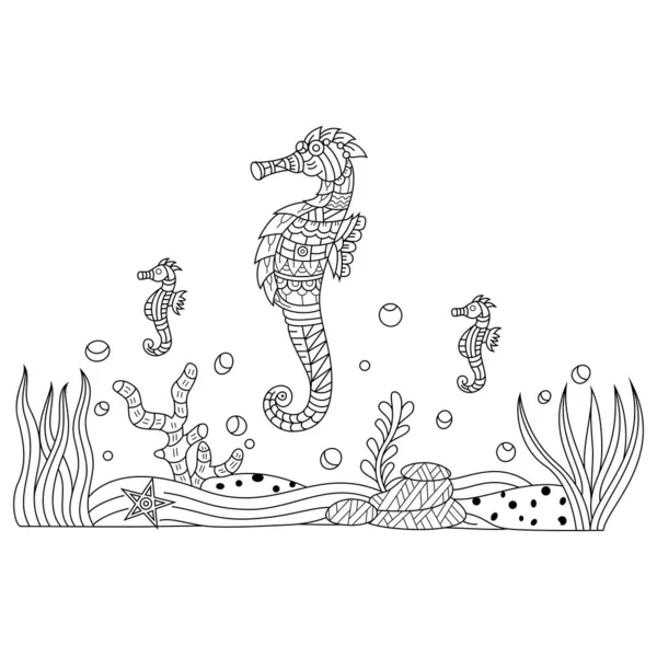 Handgetekende Illustratie Van Zeepaardje Zentangle Stijl — Stockvector