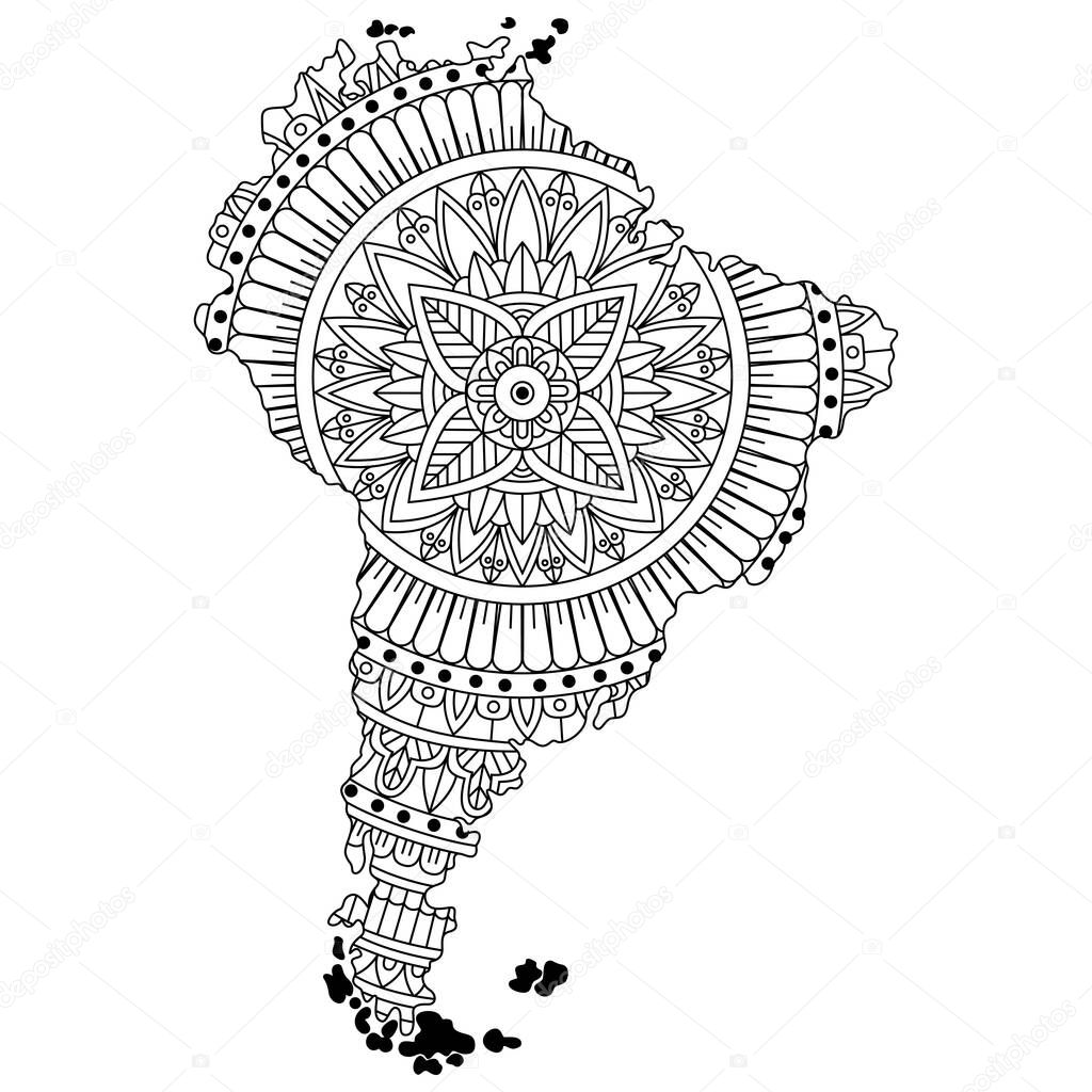 Hand drawn of south america map in mandala style
