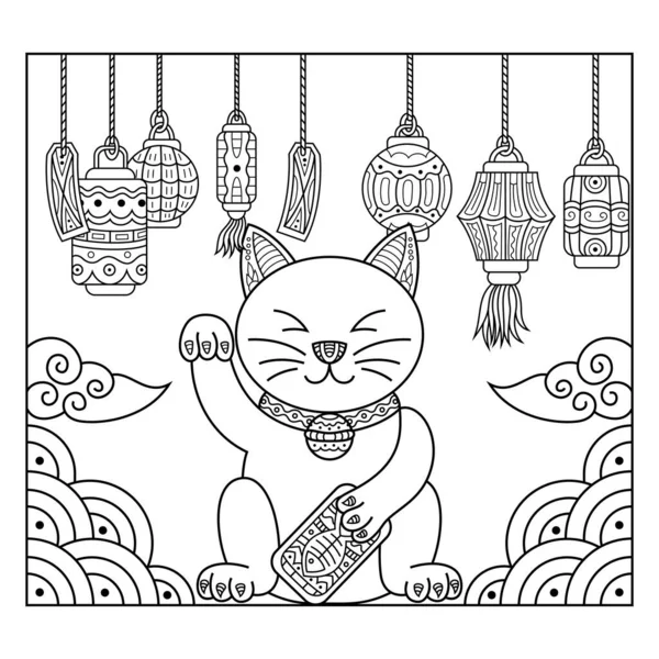 Kézzel Rajzolt Maneki Neko Zentangle Style — Stock Vector