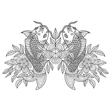 Zentangle tarzında çiçekli koi balığı çizilmiş.