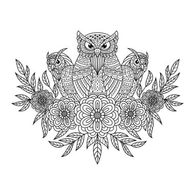 Zentangle tarzında baykuşların el çizimi