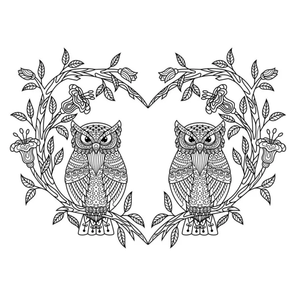 猫头鹰之爱的手绘 呈Zentangle风格 — 图库矢量图片