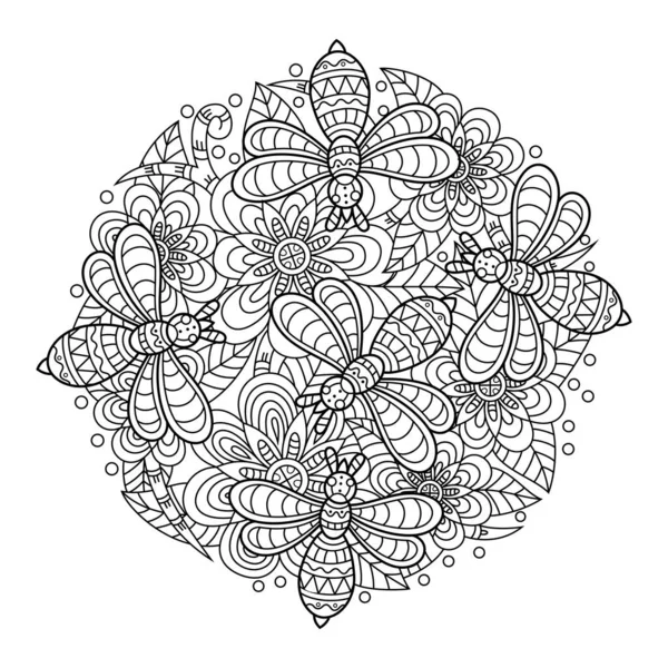 蜜蜂与花朵手绘 呈Zentangle风格 — 图库矢量图片