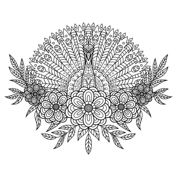 Hand Drawn Peacock Zentangle Style — Stock Vector